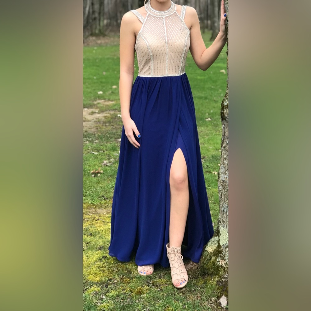 TLC Say Yes To The Prom navy blue skirt with beige sequin top dress. Size 3.